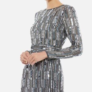 Mac Duggal Sequin Beaded Cocktail Evening Dress Gray Silver 93590A Size 10 NWT
